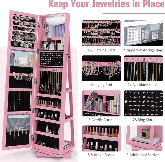 360° Rotating Jewelry Armoire, Freestanding Jewelry Cabinet with Inside Makeup Mirror, 2-in-1 Lockable Jewelry Organizer w/Full-Length Mirror for Women (Pink)