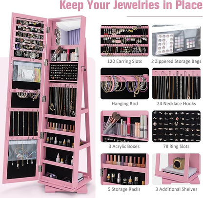 360° Rotating Jewelry Armoire, Freestanding Jewelry Cabinet with Inside Makeup Mirror, 2-in-1 Lockable Jewelry Organizer w/Full-Length Mirror for Women (Pink)