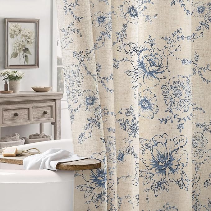 Farmhouse Floral Vintage Shower Curtain for Bathroom, Dark Blue and Tan | Elegant Boho Pattern Bath Curtain Linen Fabric,72" W x 72" L