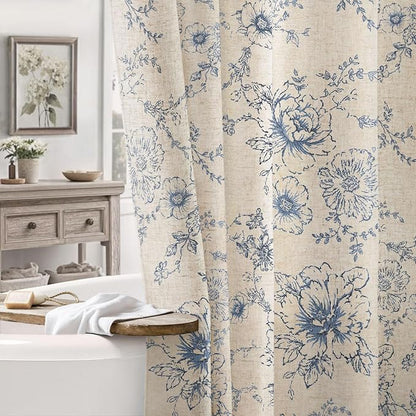 Farmhouse Floral Vintage Shower Curtain for Bathroom, Dark Blue and Tan | Elegant Boho Pattern Bath Curtain Linen Fabric,72" W x 72" L