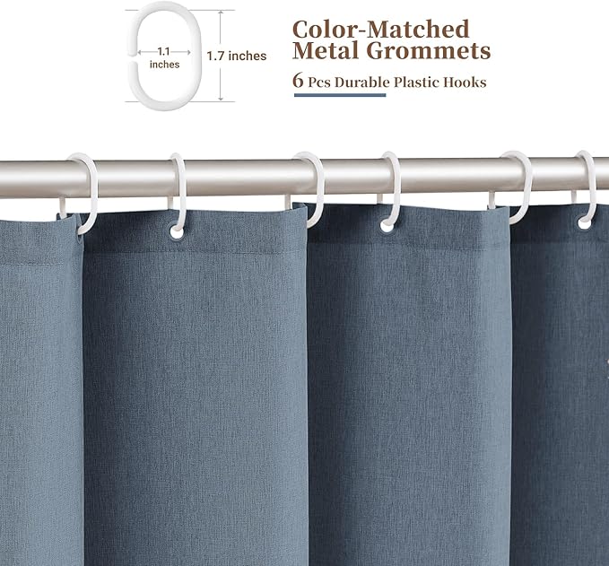 BTTN Boho Stall Shower Curtain, 36x72 Scalloped Linen Textured Thick Fabric Shower Curtain Set with 6 Plastic Hook, Half Modern Rustic Farmhouse Waterproof Cloth Shower Curtain for Bathroom, Blue Grey