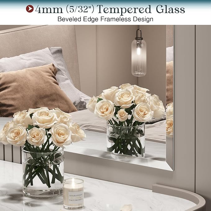 Frameless Bathroom Mirror, 30"x36" Beveled Bathroom Mirror for Vanity, Wall Mount Mirrors with 4mm Tempered Glass for Bedroom Entryway Living Room Hangs Horizontally or Vertically