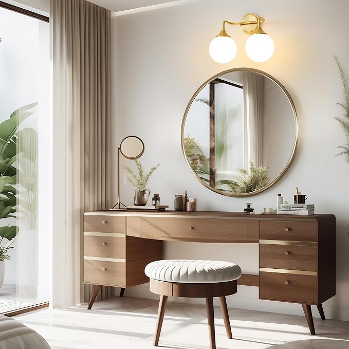 Brushed Gold Bathroom Light Fixtures Over Mirror Vanity 2-Light | Mid Century Modern Brushed Gold Wall Sconce with Milky White Glass Ball Shades for for Bathroom Dressing Table Bedroom