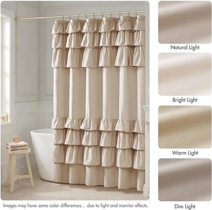 Madison Park Grace Ruffle Shower Curtain for Bathroom, 72"x 72", Beige | Farmhouse Cottage Top, Machine Washable, Shabby Chic Ruffled Decor Fabric, Privacy Screen, Solid Color