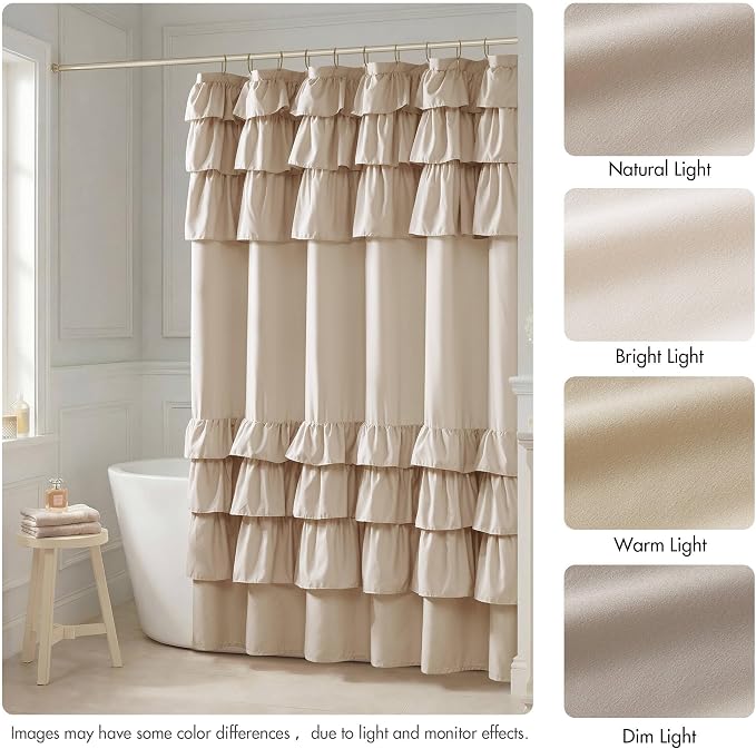 Madison Park Grace Extra Long Ruffle Shower Curtain, 72"x 72", Beige | Farmhouse Cottage Top, Machine Washable, Shabby Chic Ruffled Decor Fabric, Privacy Screen, Solid Color Bathroom Curtains
