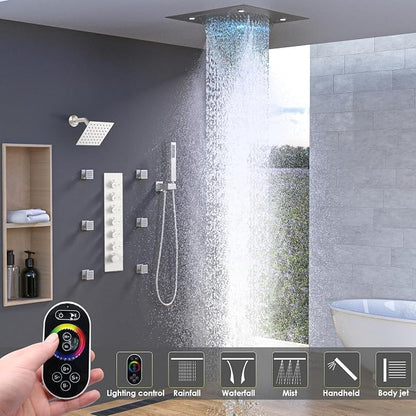 Enga Luxury Dual Shower Head System with Body Jets LED Thermostatic Shower System with 6 inch Wall Shower, 20-Inch 3 Function Shower Head (Rainfall & Mist & Waterfall), Brushed Nickel