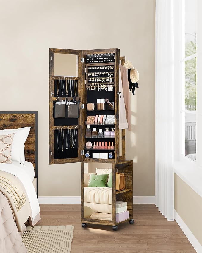 Hzuaneri 8 LEDs Jewelry Cabinet Armoire, 66.9-inch Jewelry Organizer | Lockable Full-length Mirror with Garment Rack & 4 Wheels, Storage Shelves with Hooks, 5-in-1, Toasted Oak JC17007B
