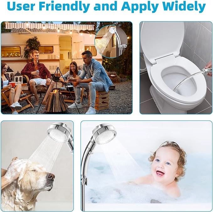 Marbrasse High Pressure Shower Head, 3-Settings Handheld Showerhead with ON/Off Full Shutoff Push Button and Switch to Control Flow, Angle-Adjustable Water Saving Body Sprays(Chrome)