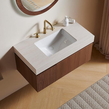 36” Floating Bathroom Vanity with Sink, Wall-Mounted Cabinet with Drawer & Doors, Roma Travertine-Pattern Countertop, Undermount Basin, 3 Faucet Hole, Soft-Close, Pre-Assembled, Brown Oak