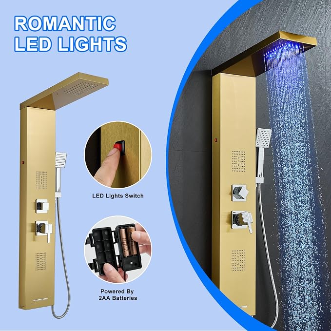 5-in-1 LED Shower Panel Tower System Stainless Steel Gold | Rainfall head | 2 massage jets | Handheld shower | Tub spout | LED lights | Wall mount