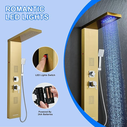 5-in-1 LED Shower Panel Tower System Stainless Steel Gold | Rainfall head | 2 massage jets | Handheld shower | Tub spout | LED lights | Wall mount