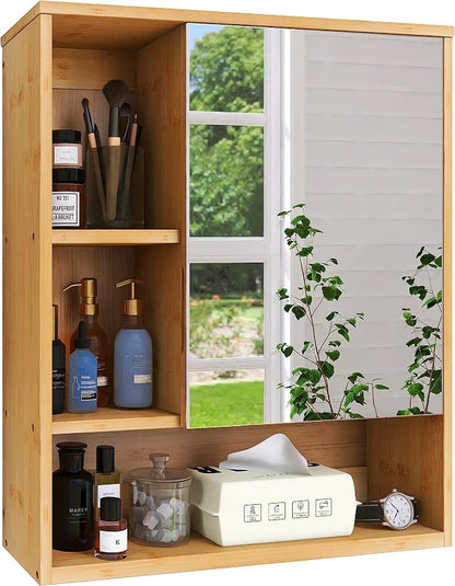 SMIBUY Bathroom Mirror Cabinet Wall Mounted, Bamboo Space Saver Medicine Cabinet, Wall Hanging Over Toilet Storage Cabinet with Mirror Door and Adjustable Shelf (Natural)