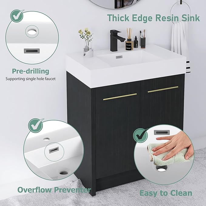 30 Inch Freestanding Bathroom Vanity,30" Bathroom Vanity with Sink,Modern Single Sink Bathroom Vanity Combo,Black Floor Stand Cabinet Set