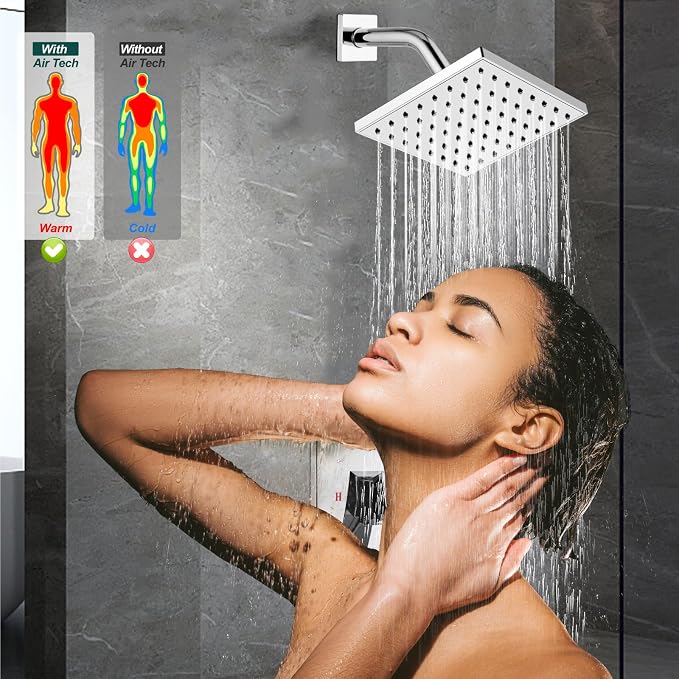 Heyalan 6-Inch Shower Faucet Set with Tub Spout and Valve,Polished Chrome | 6-inch square rainfall head, tub spout with diverter, male-thread rough-in valve, single-handle control and wall-mount design