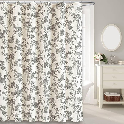 WOUVMA Black Shower Curtain Floral Cotton Linen Cottagecore Shower Curtain for Bathroom 72" W x 75" L