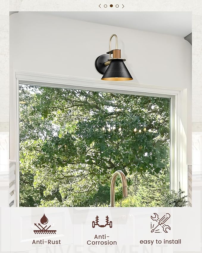 Modern Wall Sconces Set of Two, HWH Industrial Sconce Wall Lighting 1-Light, Brass Barn Wall Vanity Light for Bedroom Kitchen, Hammered Metal Shade, Black and Gold Finish, 5HZG74B-2L BK+BG