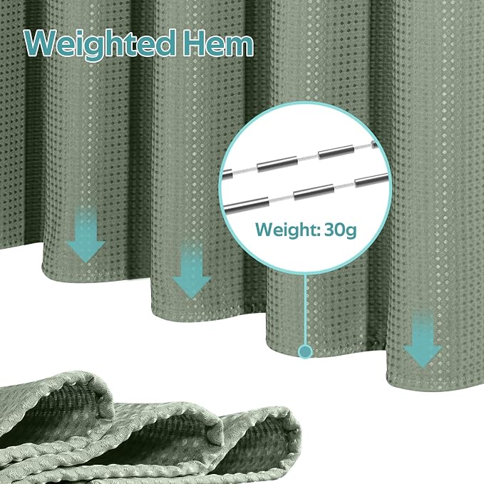 3 in 1 Shower Curtain Set, Waffle Shower Curtain and Liner Set with 6 Double Sided Shower Curtain Hooks, 258GSM Luxury Weighted Cloth Shower Curtain for Shower Stall, 36 W x 72 H, Sage Green