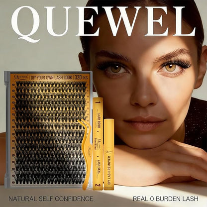 QUEWEL Lash Clusters Kit, 320 Pcs 40D Lash Cluster Eyelash Extensions | 9-16mm Lash Clusters Wispy Kit with Eyelash Clusters Bond and Seal Glue Remover Tweezers (40D Kit)