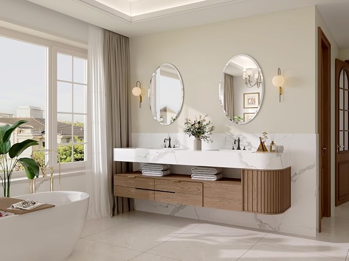 Frameless Oval Mirror, 18"x26" Oval Beveled Bathroom Mirrors | Frameless, 15mm beveled edge, 5mm HD glass, anti-rust, french cleat, horizontally or vertically, for bathroom/bedroom