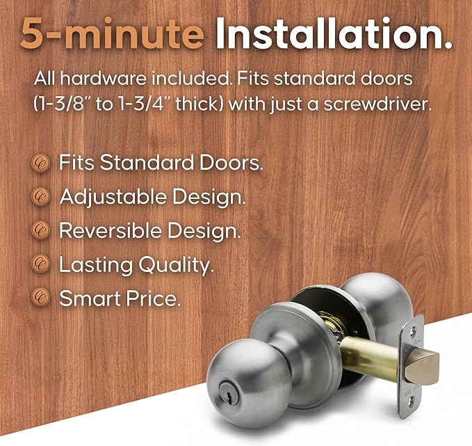 Copper Creek Entry Door Knob – Keyed Entry Handle with Lock and Key, ANSI Grade-3 Certified, DIY-Friendly Install for Interior and Exterior Entrance Doors – Satin Stainless (1 Pack)
