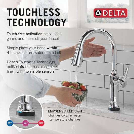Delta Faucet Renaldi Touchless Kitchen Faucet with Touch Technology, Chrome Kitchen Sink Faucet, Delta ProClean Kitchen Faucet, Pull Down Kitchen Faucet, Lumicoat Chrome 9184TL-PR-DST