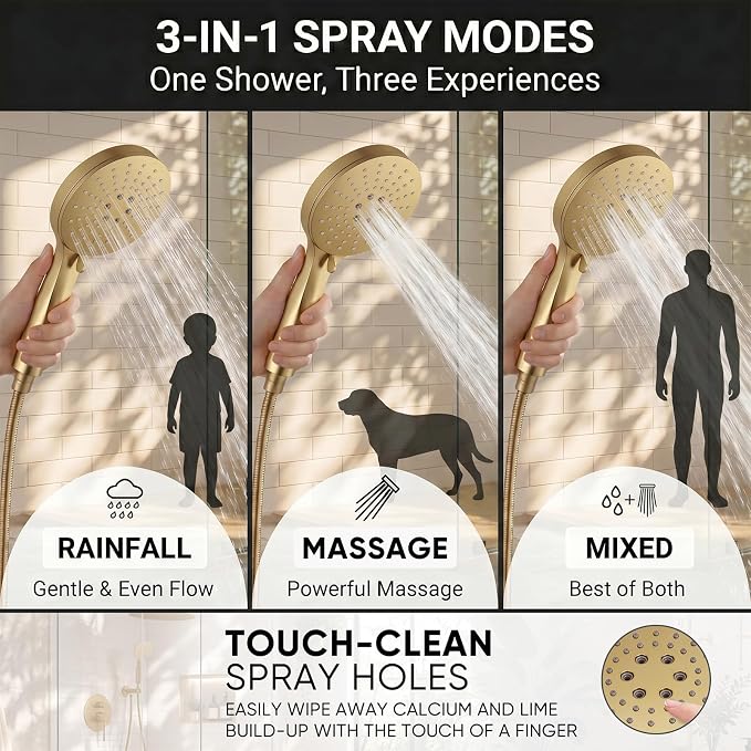 Hoimpro Brushed Gold Rain Shower Head Shower Faucet System Fixture Set | 10 Inch Round Rain Shower Head with Handheld Combo 2 in 1 Sprayer Shower Valve with Trim Kit Wall Mounted Rainfall Showerhead