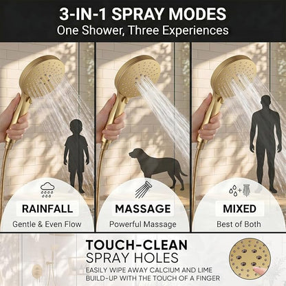Hoimpro Brushed Gold Rain Shower Head Shower Faucet System Fixture Set | 10 Inch Round Rain Shower Head with Handheld Combo 2 in 1 Sprayer Shower Valve with Trim Kit Wall Mounted Rainfall Showerhead