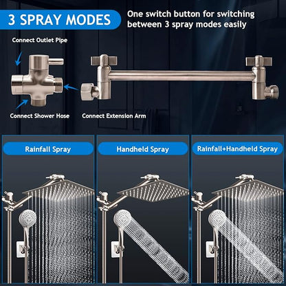 Shower Head Combo,12" Brushed Nickel High Pressure with 11" Extension Arm | Rain Shower Head with 5 Settings Handheld Shower Head Combo,Powerful Shower Spray Against Low Pressure Water