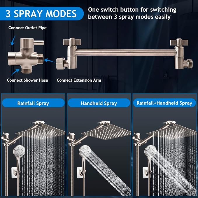 Shower Head Combo,10" Brushed Nickel High Pressure with 11" Extension Arm | Rain Shower Head with 5 Settings Handheld Shower Head Combo,Powerful Shower Spray Against Low Pressure Water