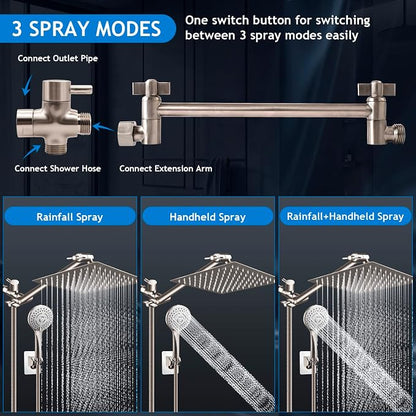 Shower Head Combo,10" Brushed Nickel High Pressure with 11" Extension Arm | Rain Shower Head with 5 Settings Handheld Shower Head Combo,Powerful Shower Spray Against Low Pressure Water