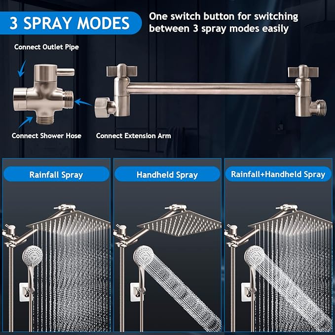 Shower Head Combo(Brushed Nickel),8 Inch High Pressure Rain Shower Head with 11 Inch Adjustable Extension Arm and 5 Settings Handheld Shower Head Combo,Powerful Shower Spray Against Low Pressure Water