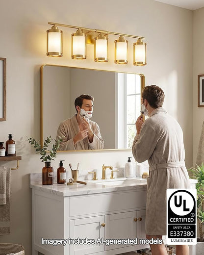 5-Light Brushed Gold Bathroom Light Fixtures Over Mirror with Frosted Milk Glass and Metal Cage Shade, 38" UL-Listed Modern Farmhouse Wall Sconce for Bath, Hardwire E26, OS-3014BGW-5W
