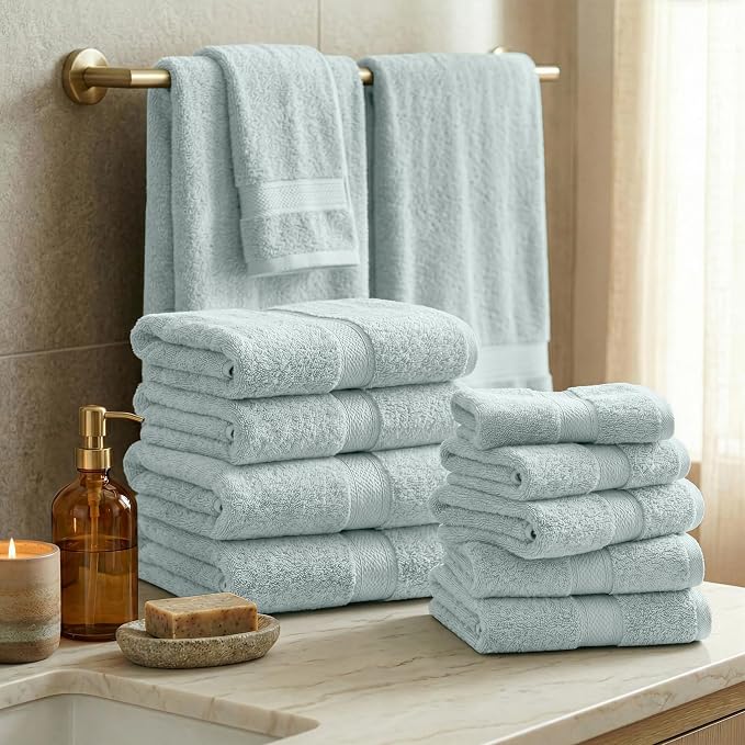 SUPERIOR Egyptian Cotton Ultra Plush & Absorbent, 12 Piece Set, Sea Foam | Heavyweight 12 Pc Egyptian Cotton Towel Set Includes 4 Bath Towels 4 Hand Towels 4 Washcloths Decorative Rope Border