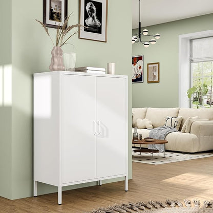Bevivog Metal Locker Cabinet with 2 Doors, White Metal Accent Cabinets for Home Office, 40" Counter Height Storage Lockers Sideboard for Home Office Kitchen Living Room Hallway Entryway