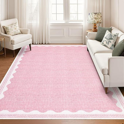Garvee Modern Bordered Rugs for Living Room 8x10 Large Washable Rug Pink | Non Slip Low Pile Soft Carpet Foldable Non Shedding Stain Resistant Floor Cover for Bedroom Playroom Nursery Office Dorm