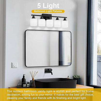 Sailstar 5-Light Bathroom Light Fixtures Over Mirror, Matte Black Vanity Lights, Modern Bathroom Vanity Light, Glass Shade & Anti-Rust Nickel Finished, Bathroom Light for Small Space