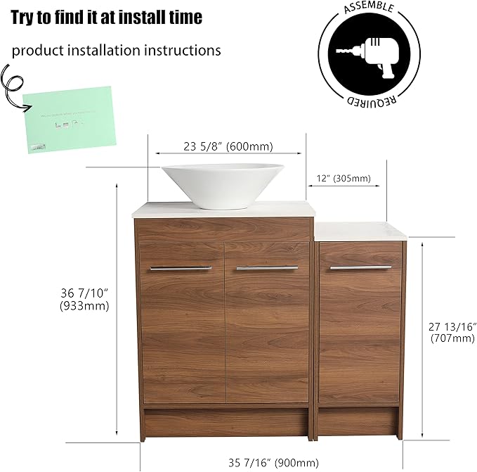 36" Bathroom Vanity, 36 Inch Freestanding Vanity with Vessel Sink, Modern Single Sink Bathroom Vanity Combo, Brown Floor Standing Large Storage Cabinet Set with Soft-Closing Design(BRE217, 36 * 18)