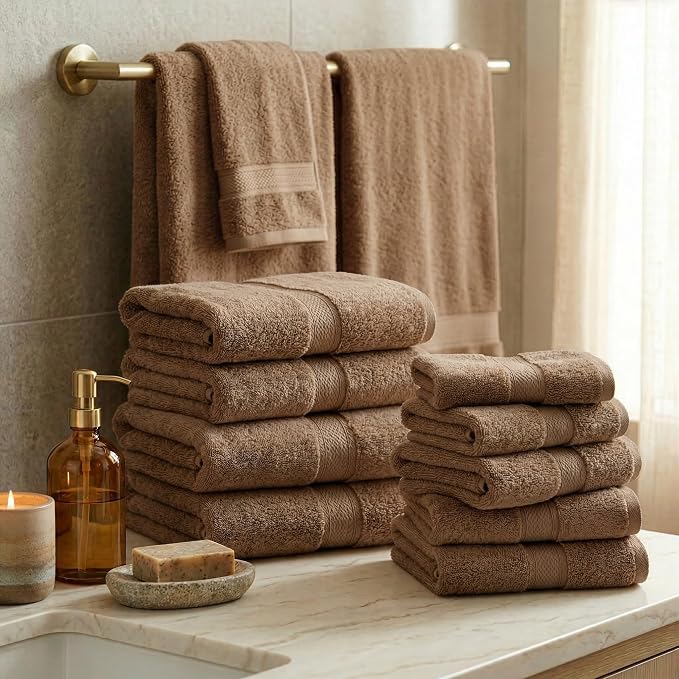 SUPERIOR Egyptian Cotton Ultra Plush & Absorbent, 12 Piece Set, Latte | Heavyweight 12 Pc Egyptian Cotton Towel Set Includes 4 Bath Towels 4 Hand Towels 4 Washcloths Decorative Rope Border