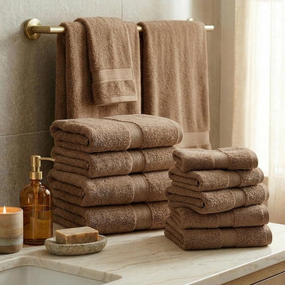 SUPERIOR Egyptian Cotton Ultra Plush & Absorbent, 12 Piece Set, Latte | Heavyweight 12 Pc Egyptian Cotton Towel Set Includes 4 Bath Towels 4 Hand Towels 4 Washcloths Decorative Rope Border