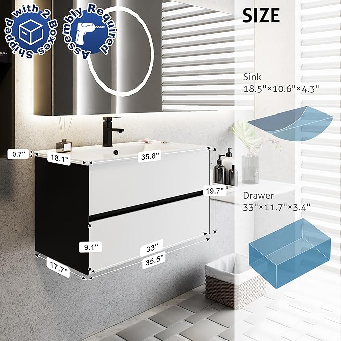 eclife 36" Bathroom Vanity Cabinet with Undermount White Sink Combo, Wall Mounted Floating Bathroom Cabinet with Colors Mixed Style, 2 Big Drawers & Matte Black Faucet