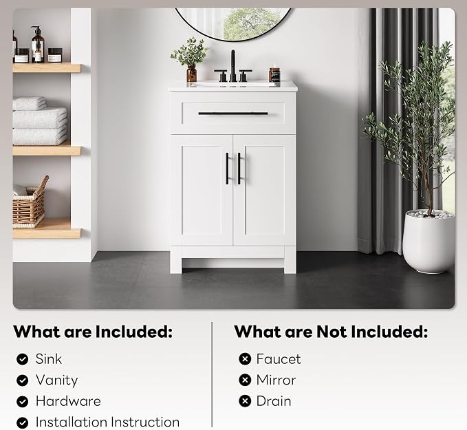 LIKIMIO 24" Bathroom Vanity with Sink, 1 U-Shaped Drawer & 2 Doors, White | Freestanding Bathroom Vanity, Integrated Ceramic Sink, Soft-Close Doors & Drawer, Modern Bathroom Storage Cabinet