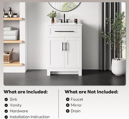 LIKIMIO 24" Bathroom Vanity with Sink, 1 U-Shaped Drawer & 2 Doors, White | Freestanding Bathroom Vanity, Integrated Ceramic Sink, Soft-Close Doors & Drawer, Modern Bathroom Storage Cabinet