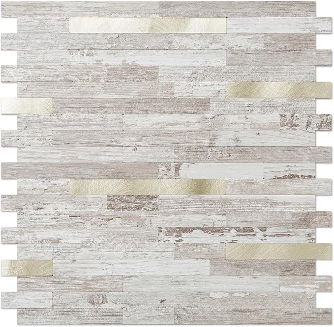 DICOFUN 1 Sheet Peel and Stick Backsplash Tile, Brown Birch Wood Look PVC Mixed Metal Gold Stick on Backsplash Tiles for Kitchen