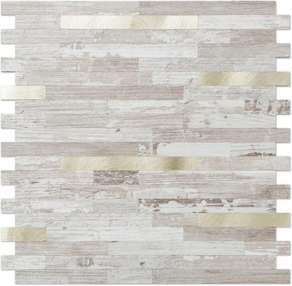 DICOFUN 1 Sheet Peel and Stick Backsplash Tile, Brown Birch Wood Look PVC Mixed Metal Gold Stick on Backsplash Tiles for Kitchen