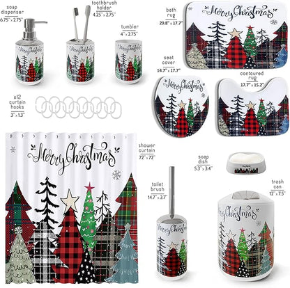 Clara Clark Bathroom Set - Christmas Bathroom Sets with Shower Curtain and Rugs, Xmas Bathroom Accessories Set, 22PC Christmas Shower Curtain Set with Liner, Soap Dispenser, Toilet Brush, & Trash Can