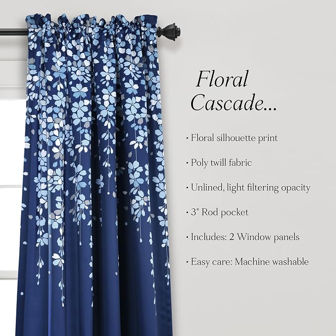 Lush Decor Weeping Flower Light Filtering Window Curtain Panels, Pair, 52" W x 63" L + 2" Header, Navy - Charming Modern Floral Curtains for Living Room, Dining Room, & Bedroom (Pack of 8)