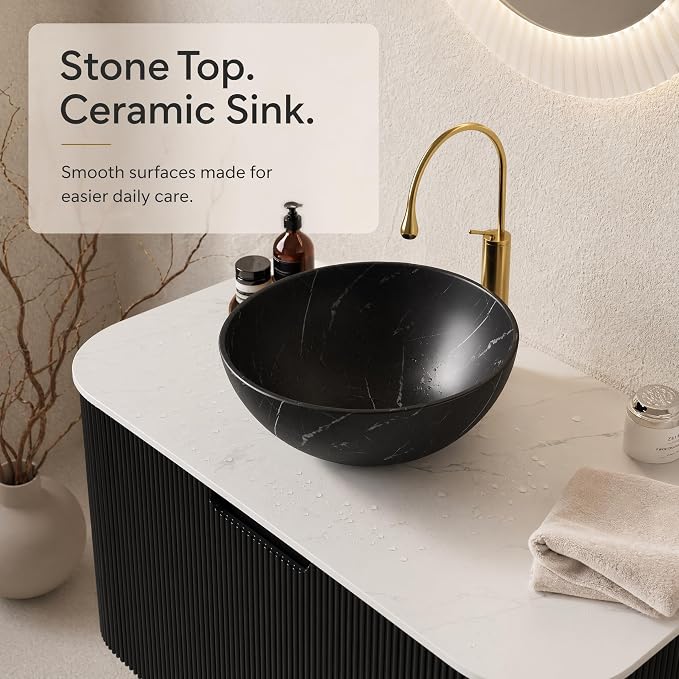 36 Inch Bathroom Vanity with Sink, Floating Wall Mounted Single Sink Vanity, Black Curved Fluted Front, Stone Top, Black Marble Vessel Basin, Pre-Assembled