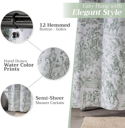 Maison d' Hermine Shower Curtain 100% Cotton One Panel 70"x72" Washable Fabric Shower Curtains for Bathroom, Easy Hanging with 12 Button Holes - Spa Easter Gifts (The Miller - Antique Green)