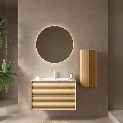 12" Wall-Mounted Floating Striped Bathroom Vanity Side Cabinet with a Door and a Shelf, (Suitable for Sedona Bathroom Vanity), Light Oak