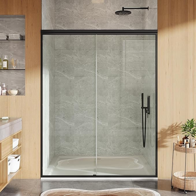 Sliding Shower Door, 44"-48" w x 72" h Semi-Frameless Bypass Bathroom Door with 1/4" Tempered Glass,Matte Black Finish for Walk-in Shower